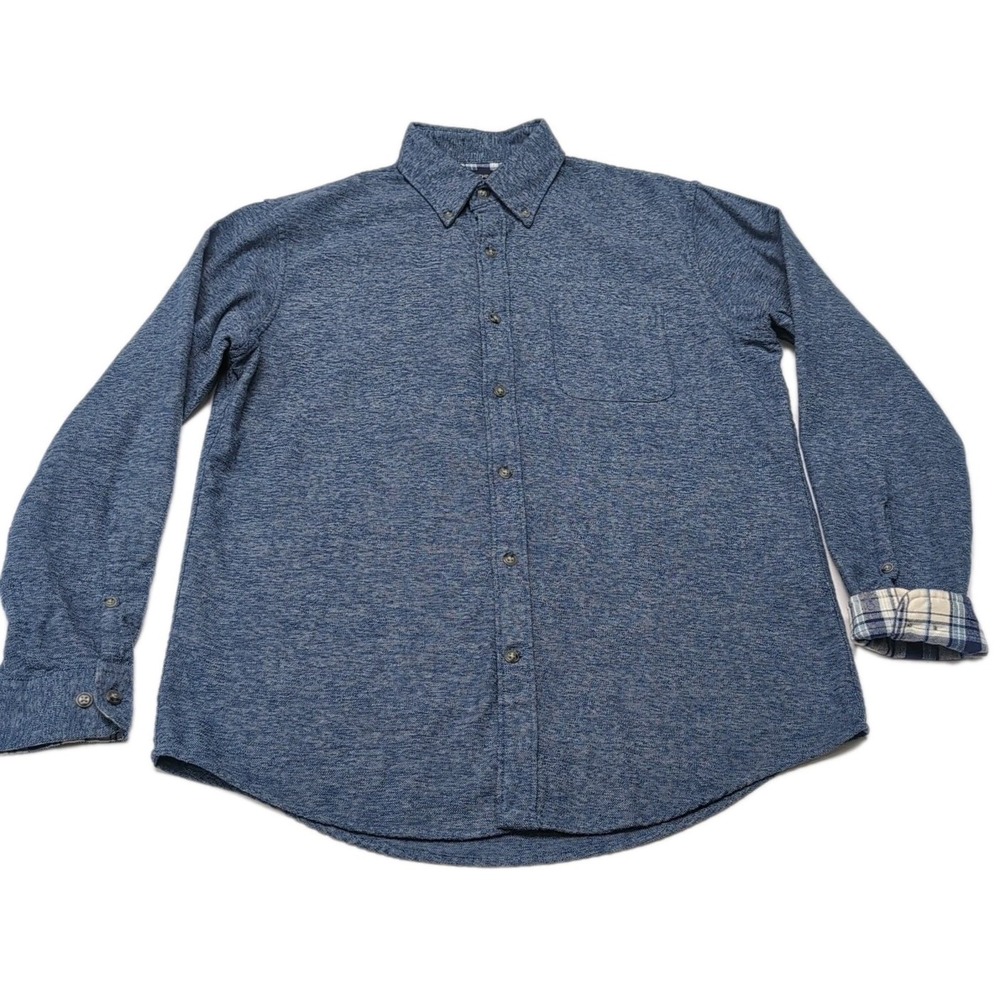 Lands End Flannel Shirt Mens M Blue Casual Outdoor Camping Fishing Flip Cuff